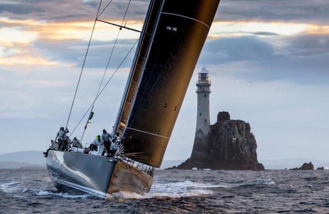 Nikata the115ft supermaxi is the longest yacht in the Rolex Fastnet Race and was followed into Plymouth by the seven VO65s competing in Leg Zero of the Volvo Ocean Race ©  Rolex/ Kurt Arrigo http://www.regattanews.com